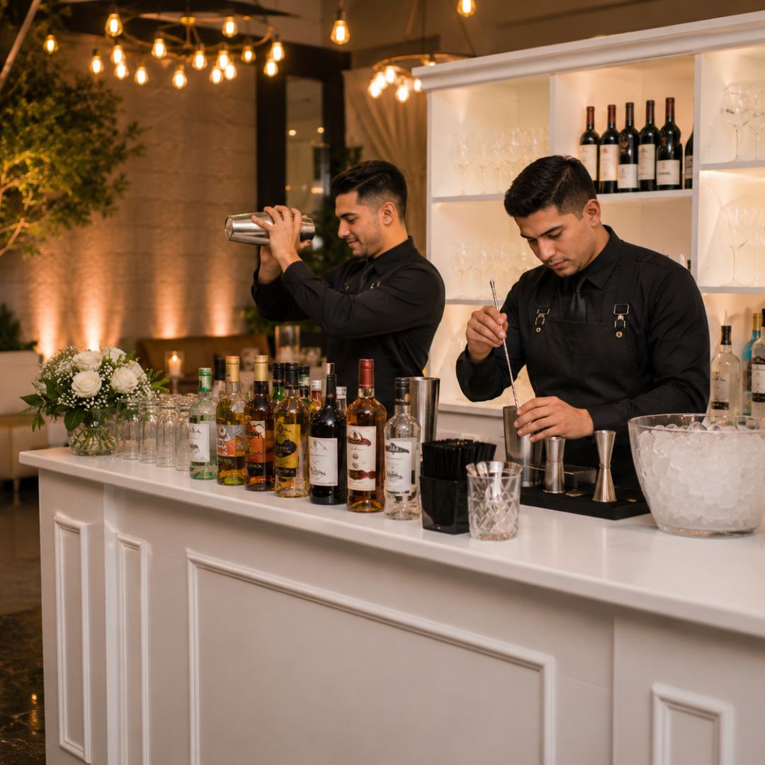 Barra de bebidas para fiesta privada montada en jardín en CDMX